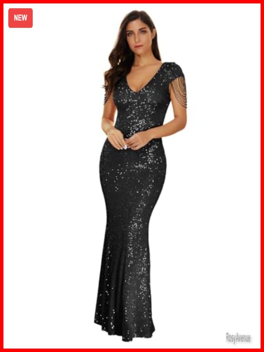V Neck Sequin Mermaid Maxi Formal Evening Dress Beaded Tassel Long Gown